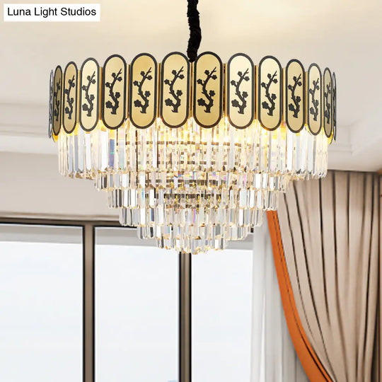 Modern Round Chandelier With Flower Pattern Crystal And Metal Hanging Light For Bedroom - Brass