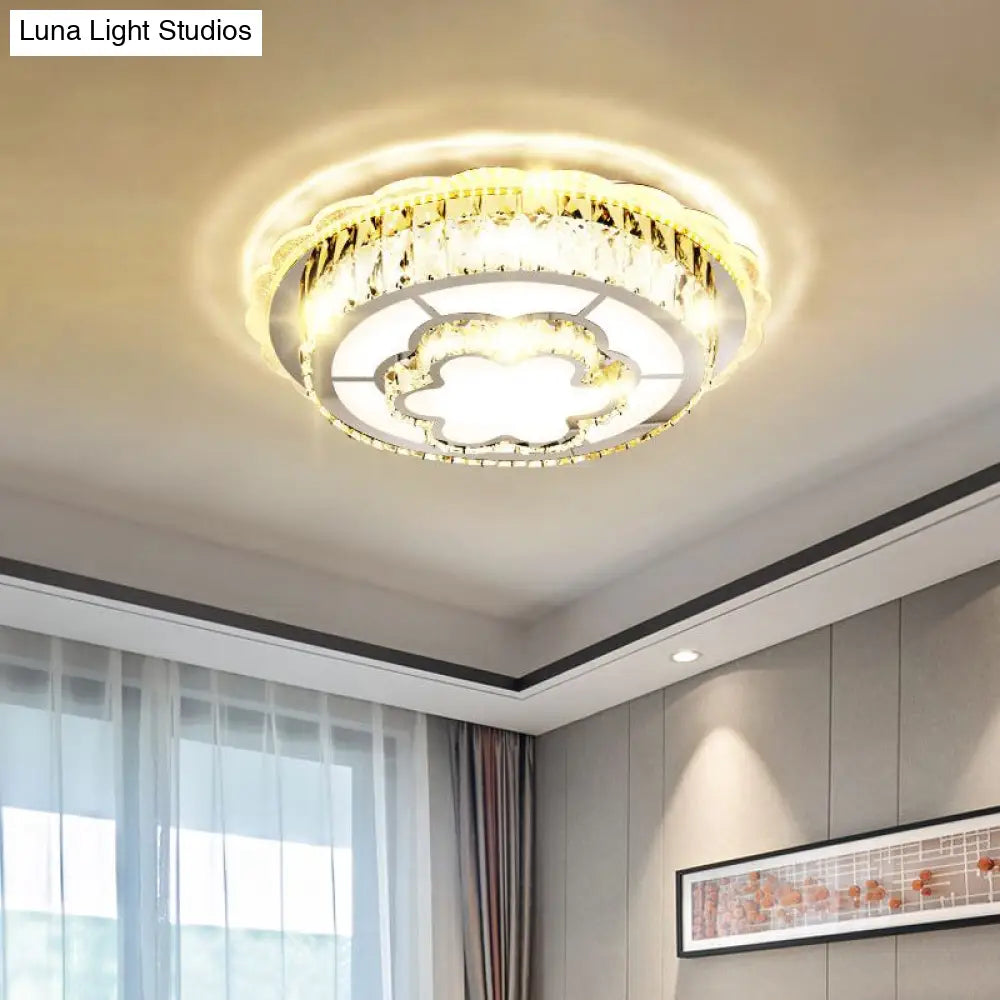 Modern Round Crystal Ceiling Lamp With Stainless - Steel Led Flush Mount Lighting And Heart/Flower