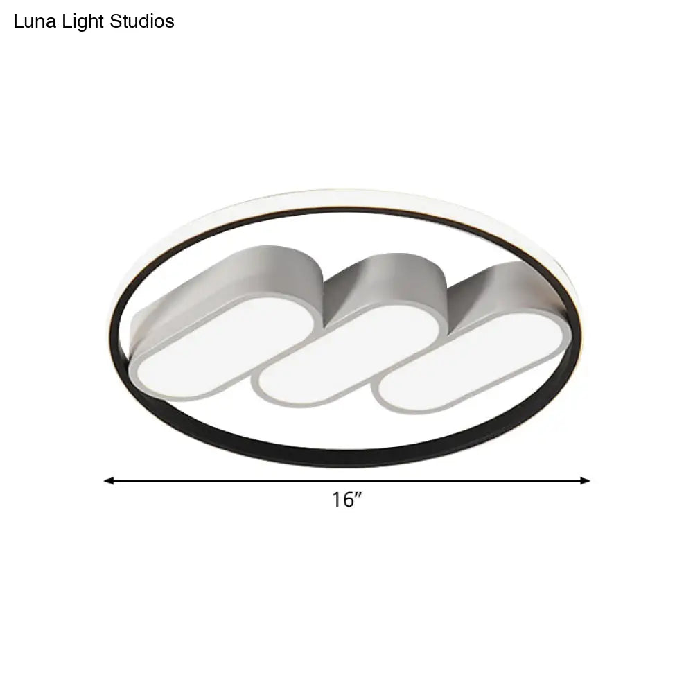 Modern Round Flush Led Bedroom Lamp In White-Black: Metallic Lighting Fixture