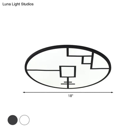 Modern Round Flush Mount Led Bedroom Light In White/Black Metallic With Pattern