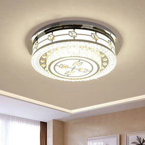 Modern Round Flush Mount Led Ceiling Lamp With Beveled Crystals In Stainless Steel Clear