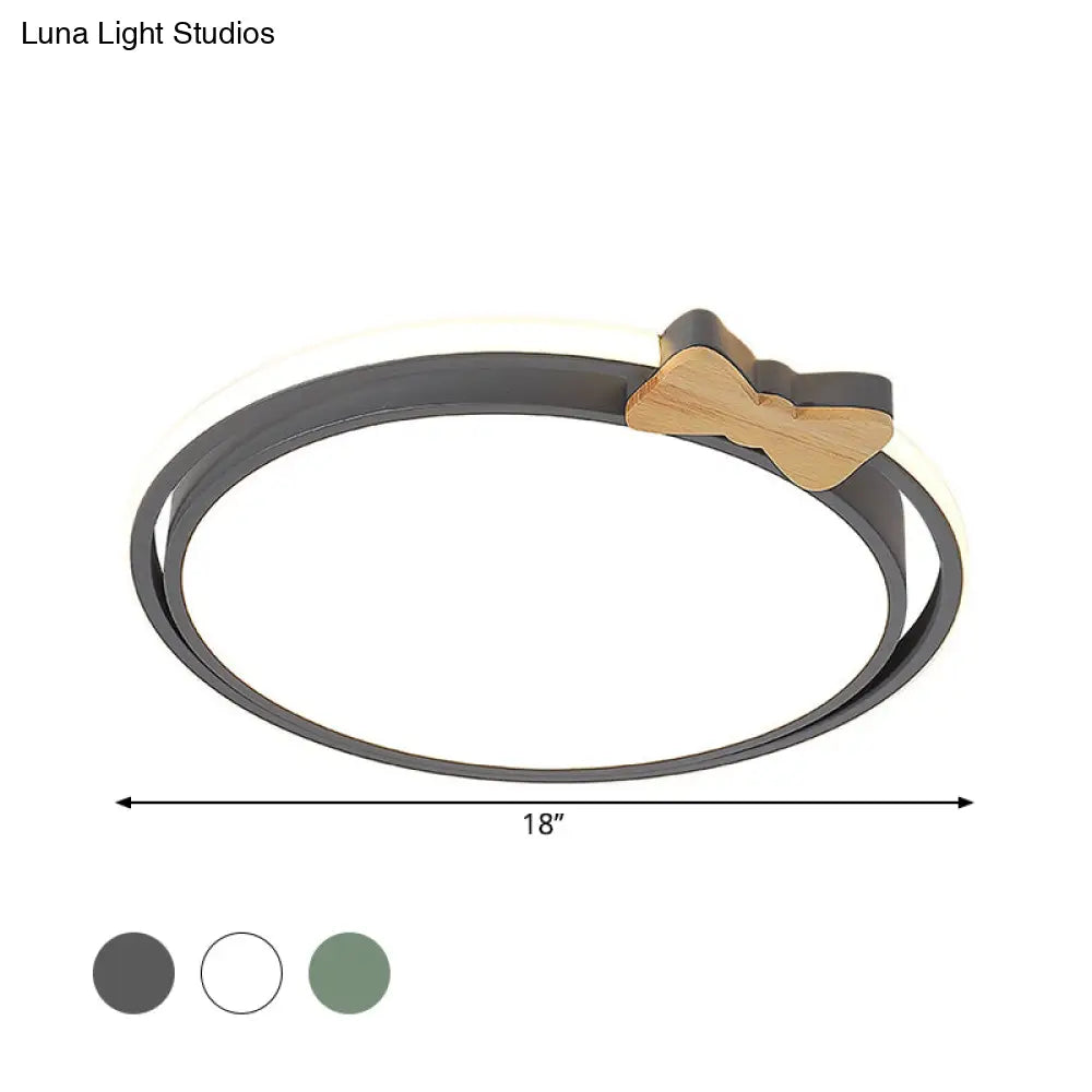 Modern Round Flush Mount Led Ceiling Light With Stylish Bow Decor In Acrylic Grey/White/Green