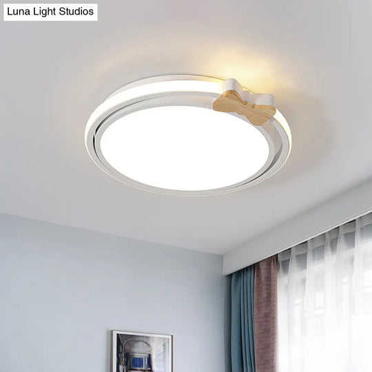 Modern Round Flush Mount Led Ceiling Light With Stylish Bow Decor In Acrylic Grey/White/Green