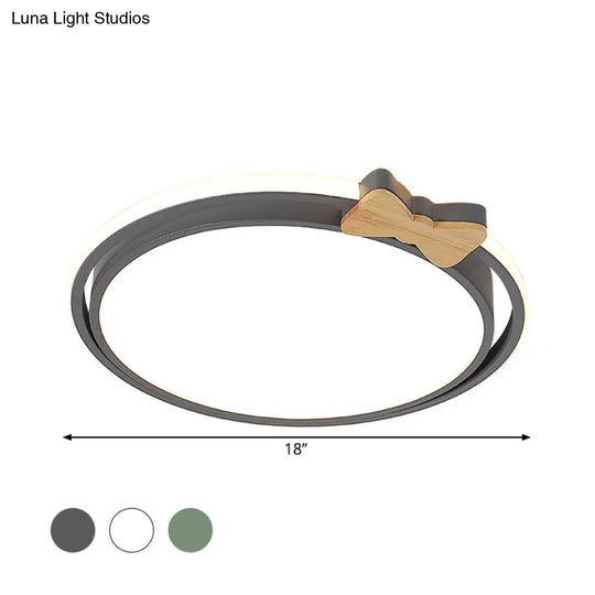 Modern Round Flush Mount Led Ceiling Light With Stylish Bow Decor In Acrylic Grey/White/Green