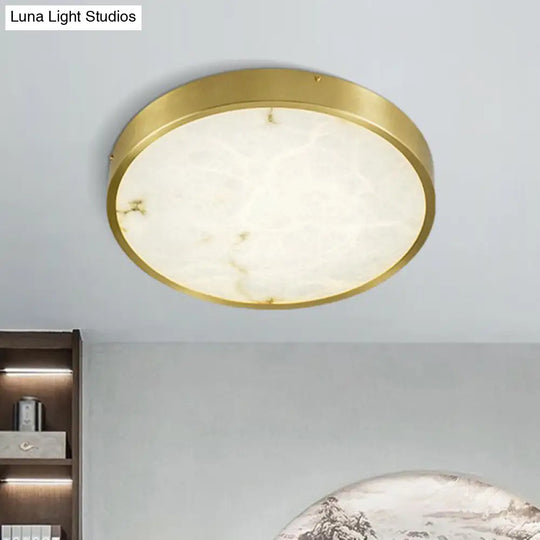 Modern Round Led Flush Mount Ceiling Light With Marble Accents - Brass Finish