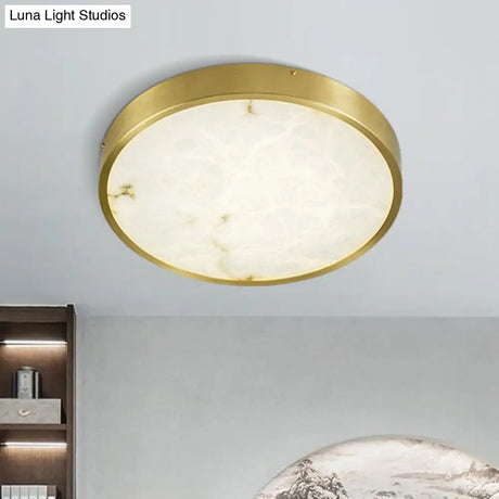 Modern Round Led Flush Mount Ceiling Light With Marble Accents - Brass Finish