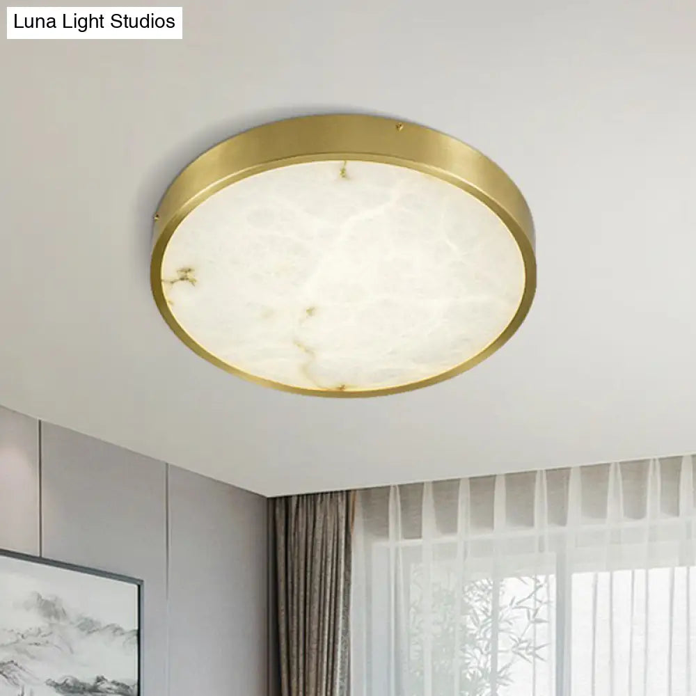 Modern Round Led Flush Mount Ceiling Light With Marble Accents - Brass Finish