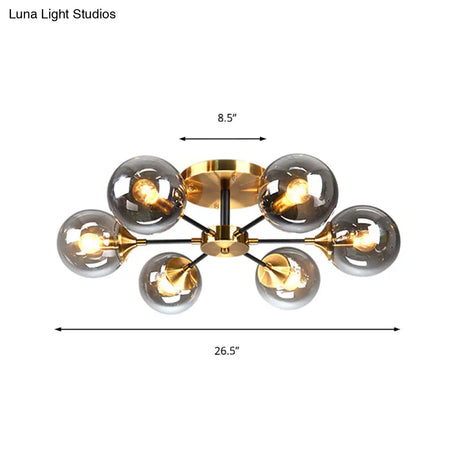 Modern Round Semi Flush Mount Lighting In White/Orange With Smoke Glass - 3/6/8 Light Gold Led