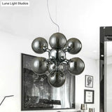 Modern Round Shade Chandelier With Amber/Smoke/White Glass - 9-Light Pendant Lighting For Hotel