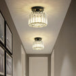 Modern Round/Square Shade Porch Flush Light Fixture With Clear Faceted Crystals - Black Canopy