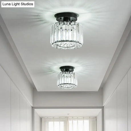 Modern Round/Square Shade Porch Flush Light Fixture With Clear Faceted Crystals - Black Canopy