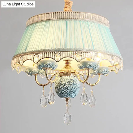 Modern Scalloped Chandelier: 5 Heads Pink/Blue/Purple Fabric Hanging Ceiling Light With Crystal