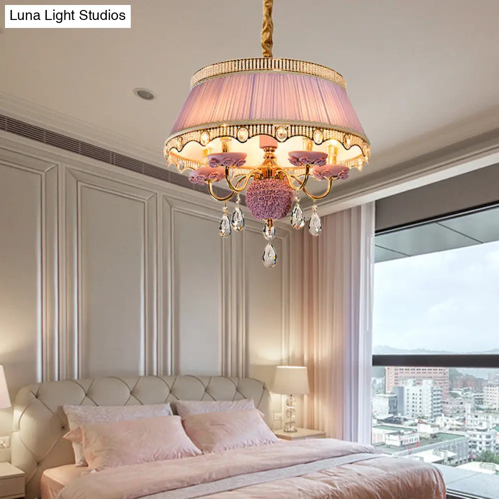 Modern Scalloped Chandelier: 5 Heads Pink/Blue/Purple Fabric Hanging Ceiling Light With Crystal