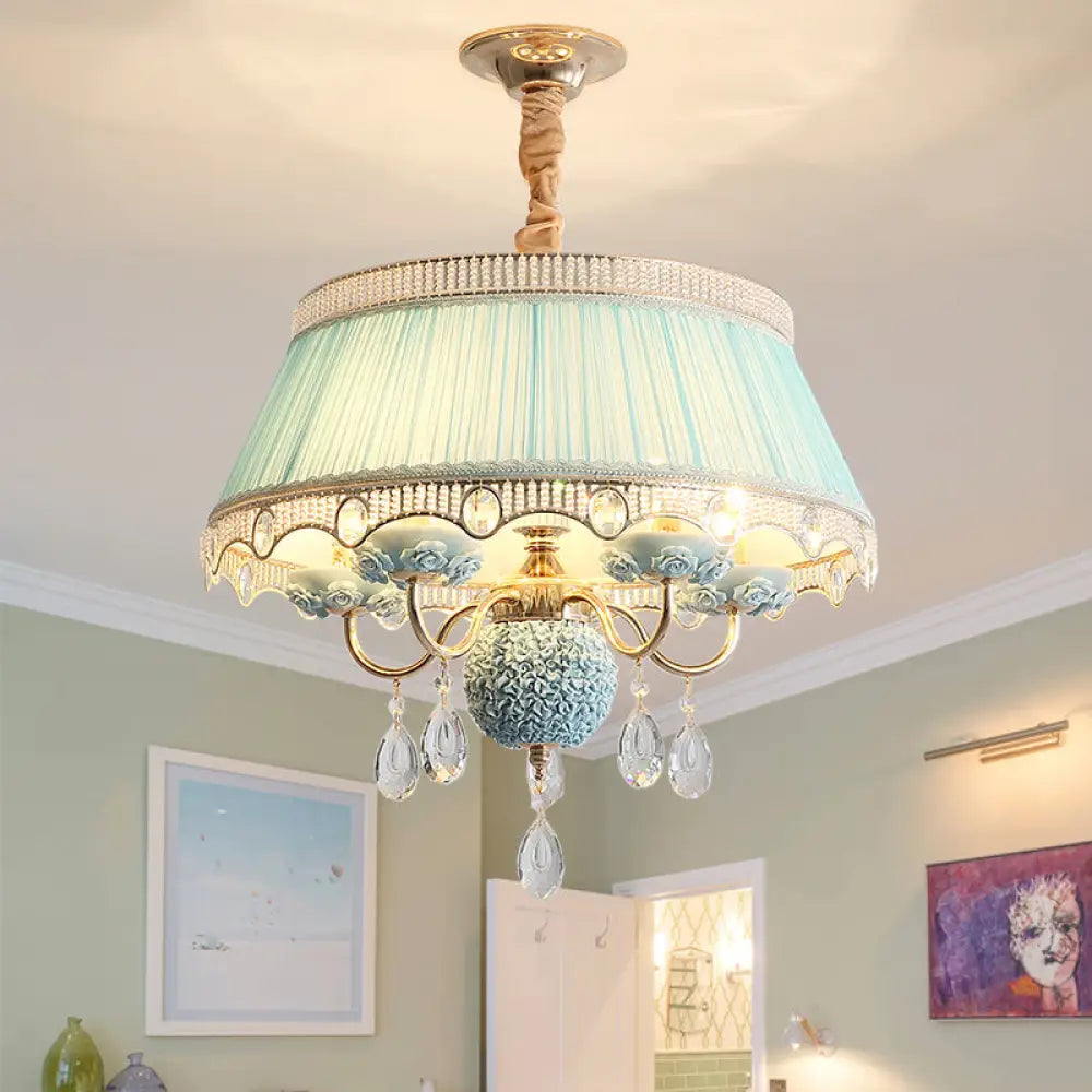Modern Scalloped Chandelier: 5 Heads Pink/Blue/Purple Fabric Hanging Ceiling Light With Crystal