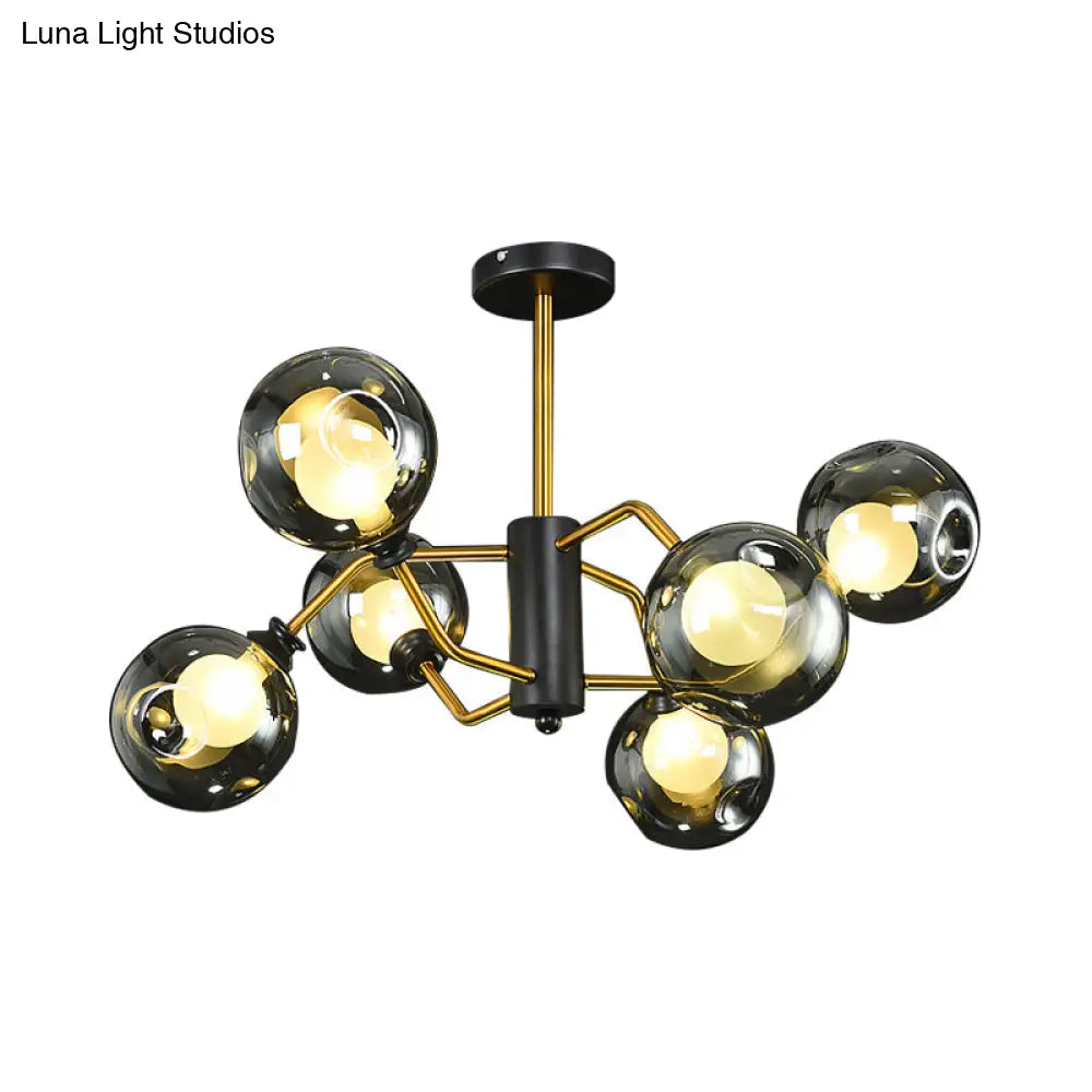 Modern Semi Flush Ceiling Light With 6 Brass Heads And Smoke Grey Glass Shades