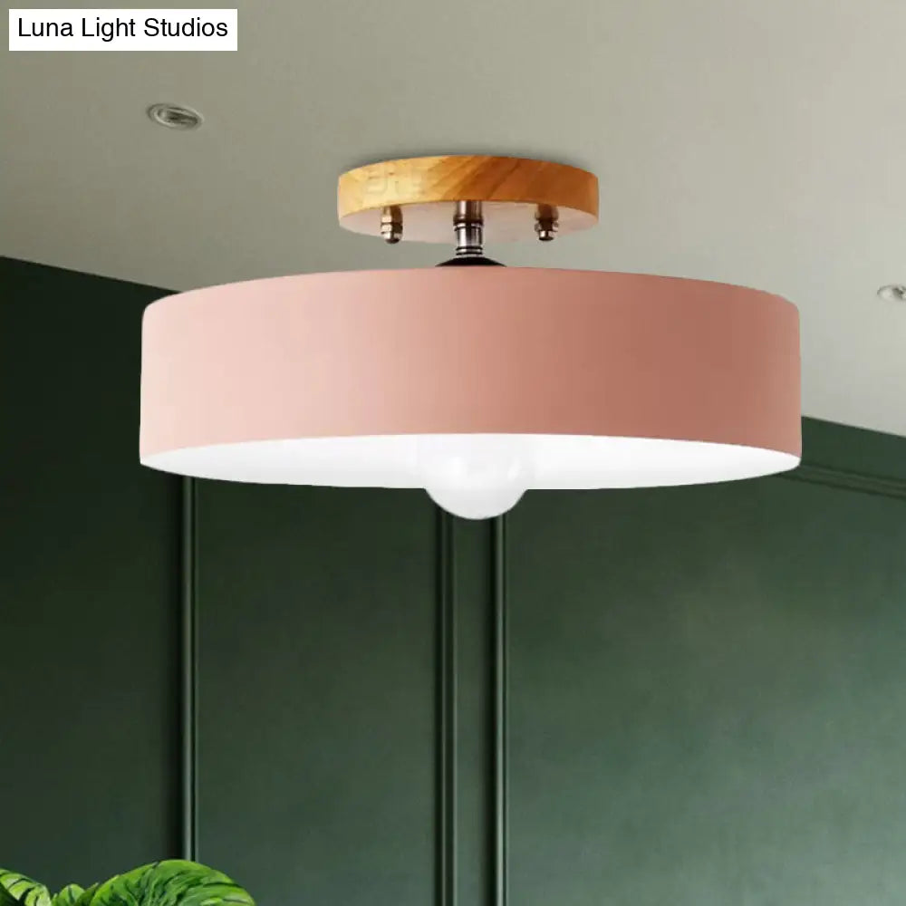 Modern Semi-Mount Drum Light: 1-Light 12’ W Metal Fixture In Gray/White/Red/Pink For Living Room