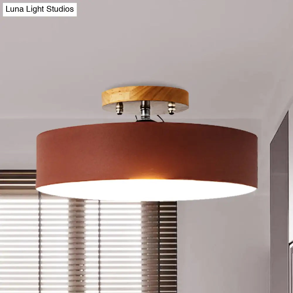 Modern Semi-Mount Drum Light: 1-Light 12’ W Metal Fixture In Gray/White/Red/Pink For Living Room