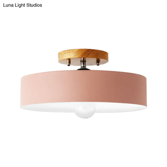 Modern Semi-Mount Drum Light: 1-Light 12’ W Metal Fixture In Gray/White/Red/Pink For Living Room