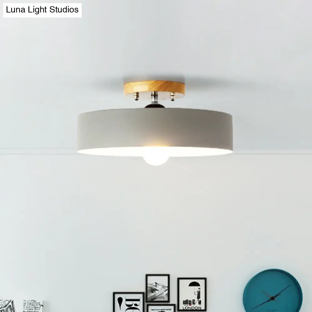 Modern Semi-Mount Drum Light: 1-Light 12’ W Metal Fixture In Gray/White/Red/Pink For Living Room