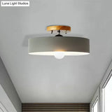 Modern Semi-Mount Drum Light: 1-Light 12’ W Metal Fixture In Gray/White/Red/Pink For Living Room