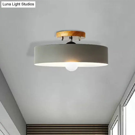 Modern Semi-Mount Drum Light: 1-Light 12’ W Metal Fixture In Gray/White/Red/Pink For Living Room