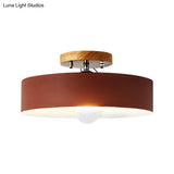 Modern Semi-Mount Drum Light: 1-Light 12’ W Metal Fixture In Gray/White/Red/Pink For Living Room
