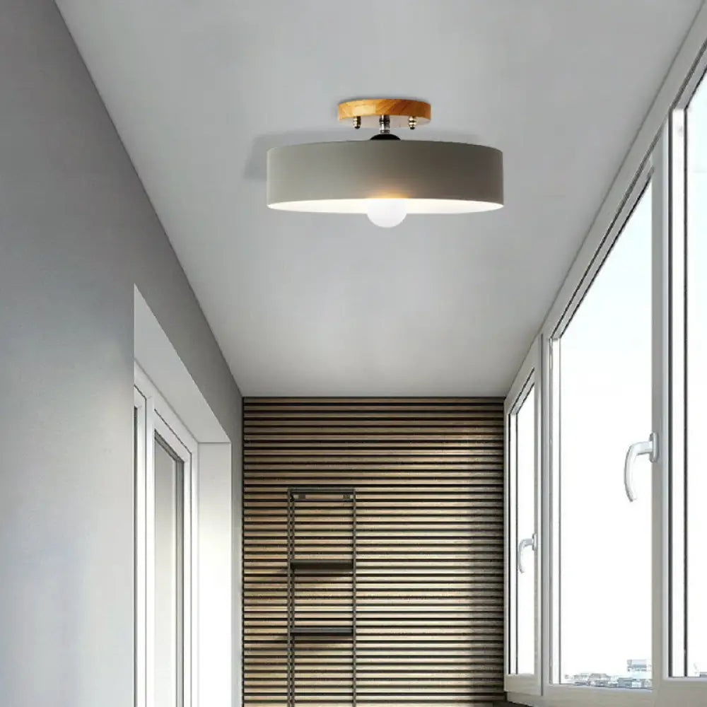 Modern Semi-Mount Drum Light: 1-Light 12’ W Metal Fixture In Gray/White/Red/Pink For Living Room