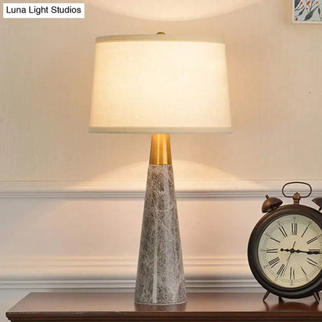 Modern Shaded Nightstand Lamp - 1 Head White Fabric Task Lighting With Grey Cone Marble Base