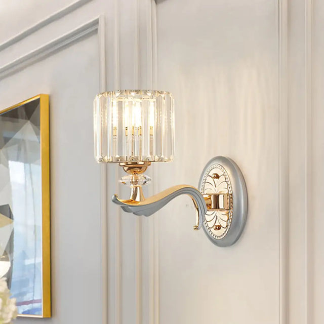Modern Silver Cylinder Sconce With Clear Crystal Shade - Flush Mount Wall Light 1 /
