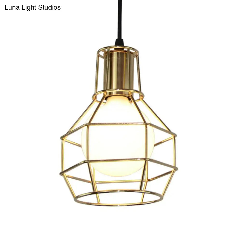 Global Metal Cage Ceiling Lamp For Coffee Shops - Stylish 1 Light Fixture With Silver/Gold Finish
