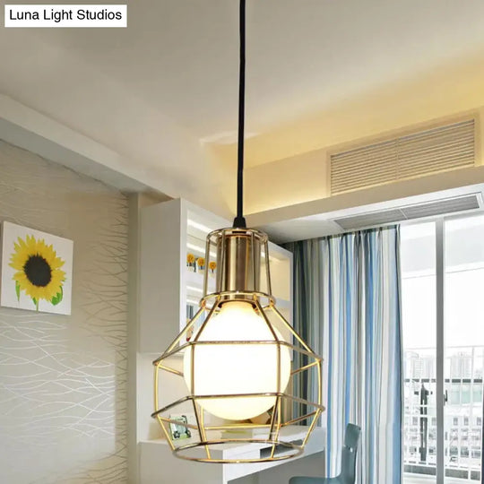 Modern Silver/Gold Metal Ceiling Fixture With Cage Shade - Stylish Loft Hanging Lamp For Coffee