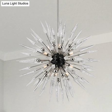 Modern Silver Starburst Chandelier With 9 Clear Crystal Lights - Perfect For Restaurants