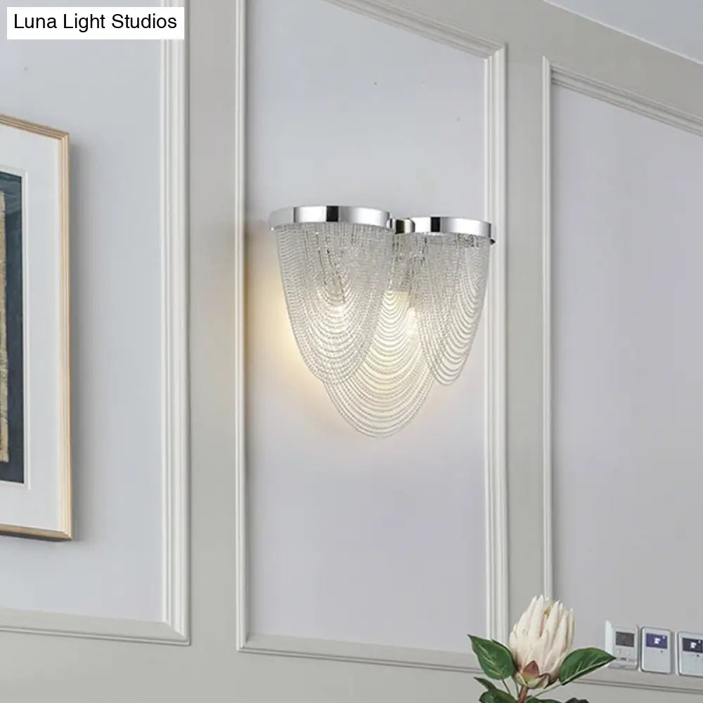 Modern Silver Tassel Wall Light With Rippling Chain Design - 2-Bulb Aluminum Sconce For Sitting Room