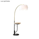 Modern Single Gold And Black Standing Lamp: Fishing Rod Style With White Feather Drum Shade