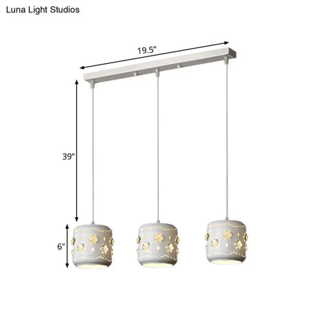 Modern Small Drum Crystal Pendant With 3 White Bulbs - Flower Cluster Ceiling Light