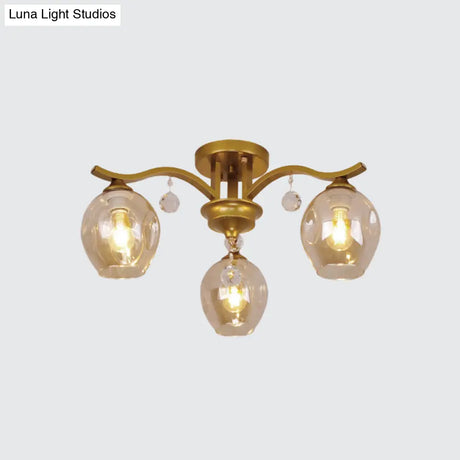Modern Smoke Glass Bud Semi Ceiling Mount Light For Restaurants & Hotels - 3 - Light Crystal Lamp