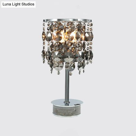 Modern Smoke Gray Crystal Cylindrical Table Lamp - 2 Heads Living Room Nightstand Light