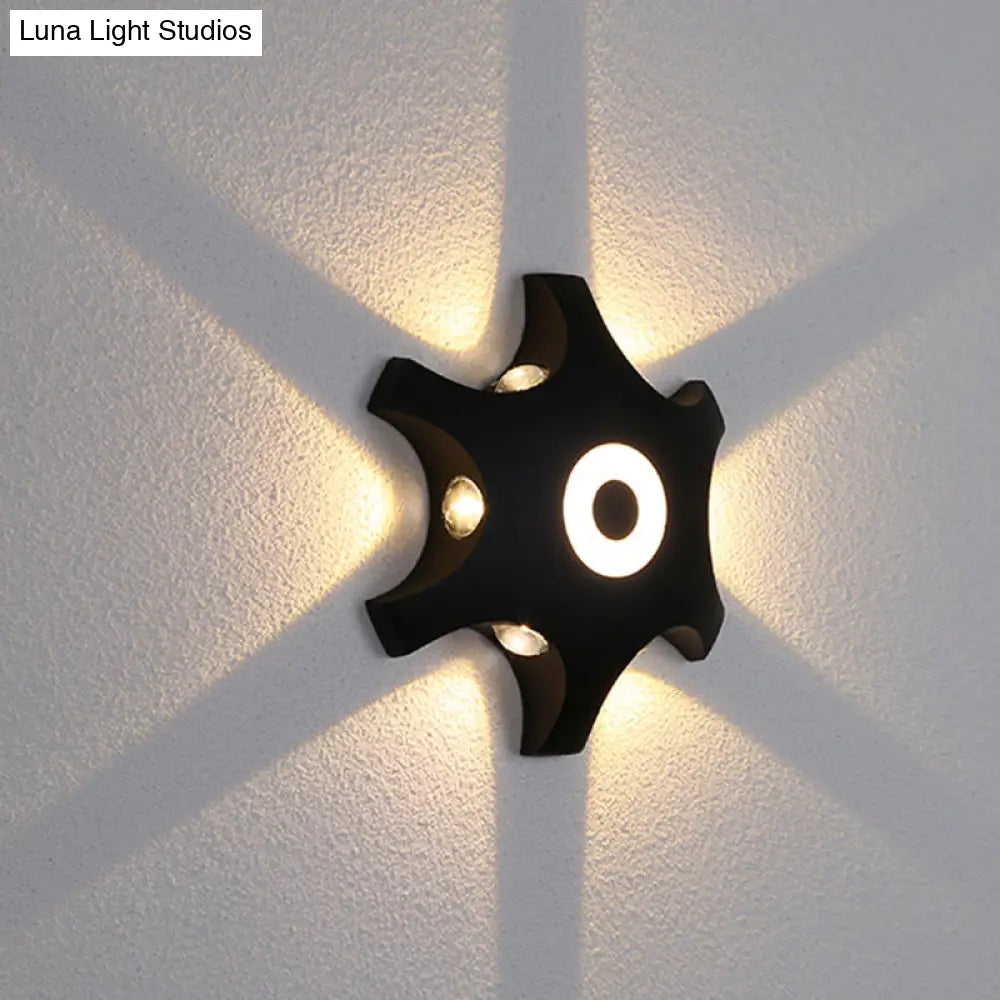 Modern Snowflake Outdoor Led Wall Light- Plastic 6-Bulb Flush Mount Sconce In Black- Warm/White