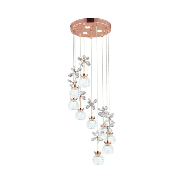 Gold Spiral Multi Pendant Ceiling Lamp - Modernist Lattice Glass 9 Bulbs Warm/White Light