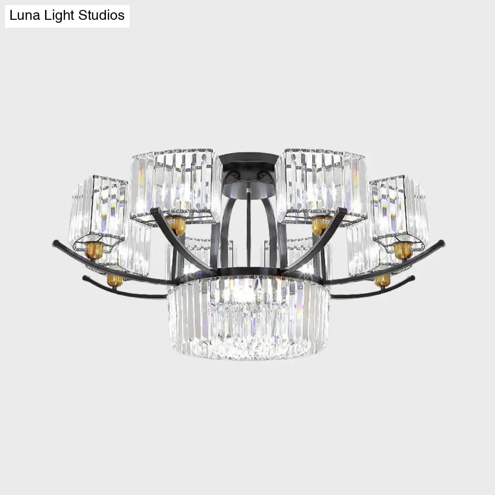 Modern Sputnik Crystal Block Flush Light Fixture - 9/12 Head Semi Mount In Black