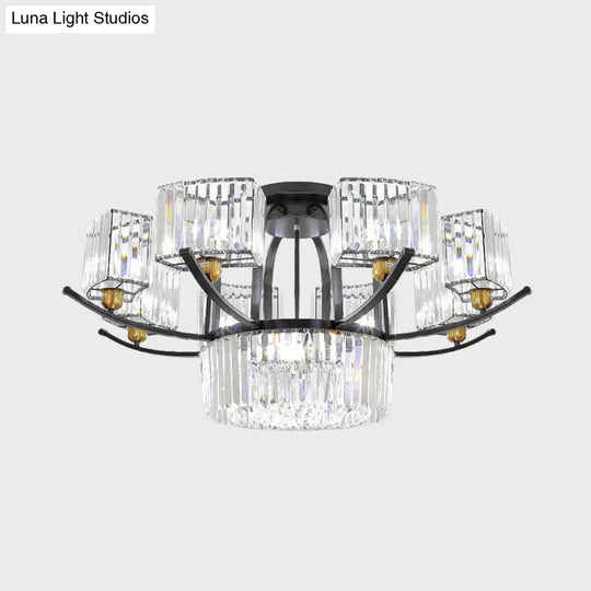 Modern Sputnik Crystal Block Flush Light Fixture - 9/12 Head Semi Mount In Black