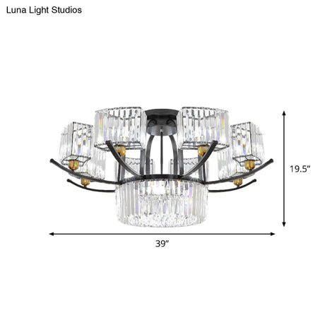 Modern Sputnik Crystal Block Flush Light Fixture - 9/12 Head Semi Mount In Black