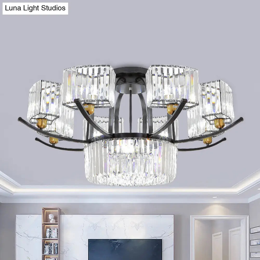 Modern Sputnik Crystal Block Flush Light Fixture - 9/12 Head Semi Mount In Black 12 /