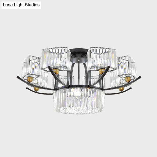 Modern Sputnik Crystal Block Flush Light Fixture - 9/12 Head Semi Mount In Black