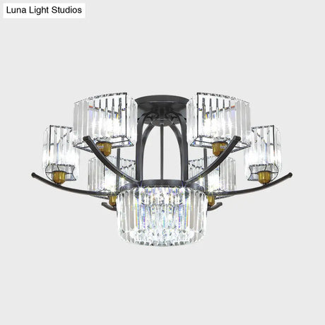 Modern Sputnik Crystal Block Flush Light Fixture - 9/12 Head Semi Mount In Black