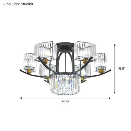 Modern Sputnik Crystal Block Flush Light Fixture - 9/12 Head Semi Mount In Black