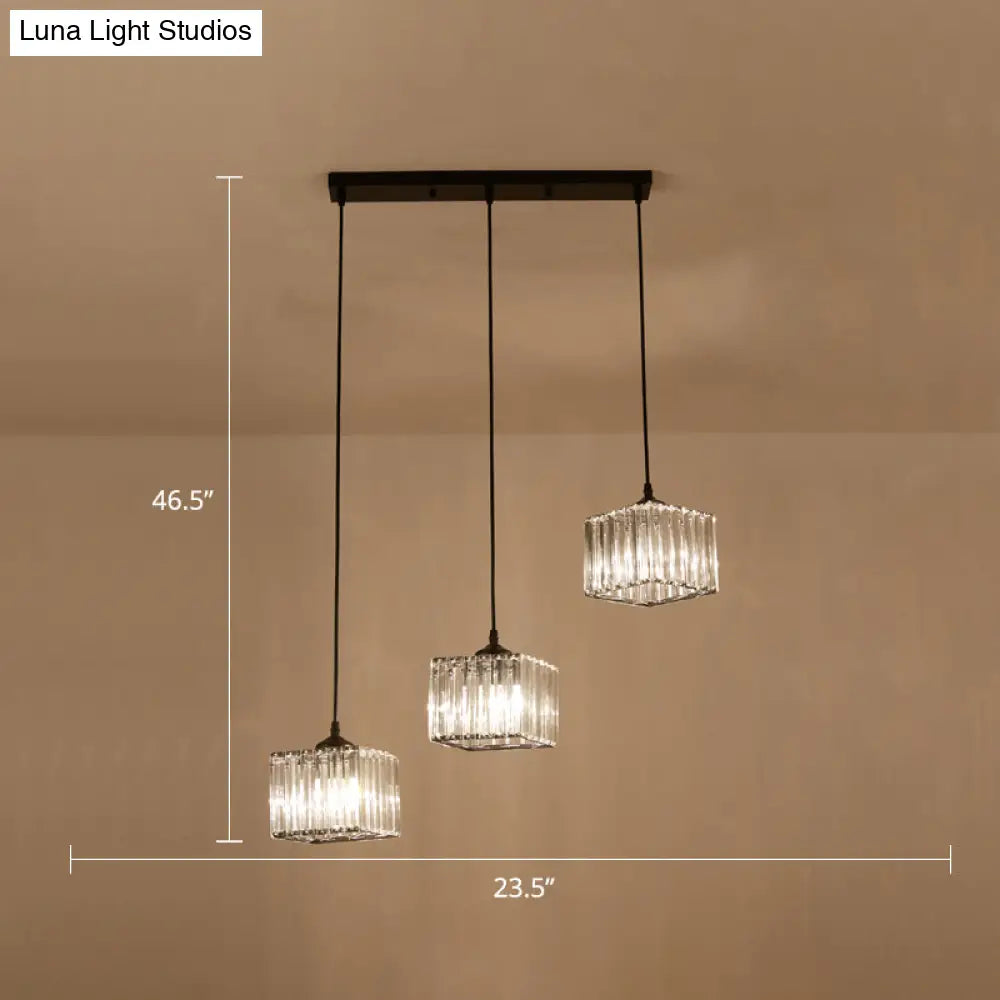 Modern Square Crystal Pendant Light With 3-Bulb Simplicity For Dining Room Ceiling - Black / Linear