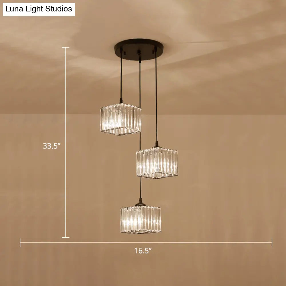 Modern Square Crystal Pendant Light With 3-Bulb Simplicity For Dining Room Ceiling - Black / Round