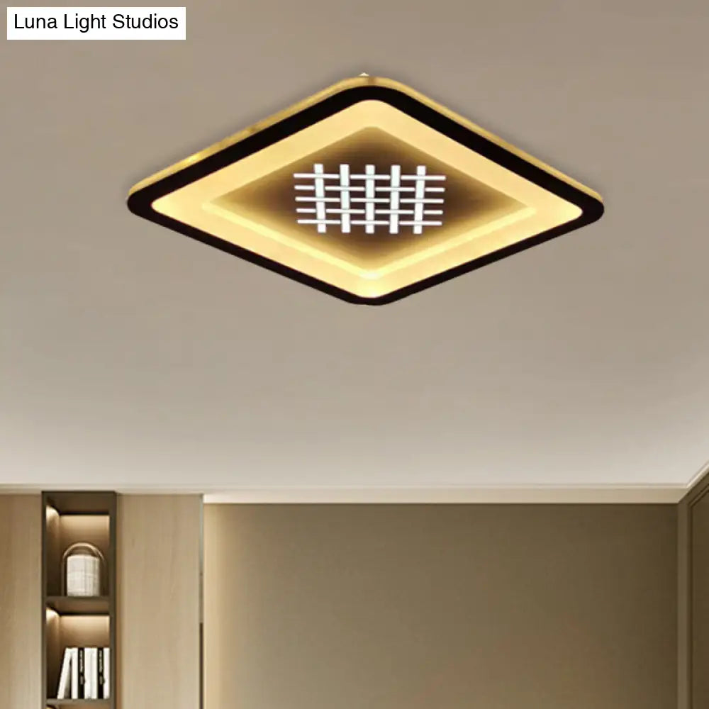 Modern Square Flush Mount Light: Led Acrylic Hallway Fixture In Black With Woven Grid Pattern