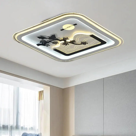 Modern Square Flushmount Led Lamp With Tree Pattern In White - Bedroom Fixture / C